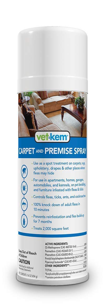 Vet-KEM Carpet Premise Spray 16 oz bottle treats carpets and fabrics for fleas and ticks.