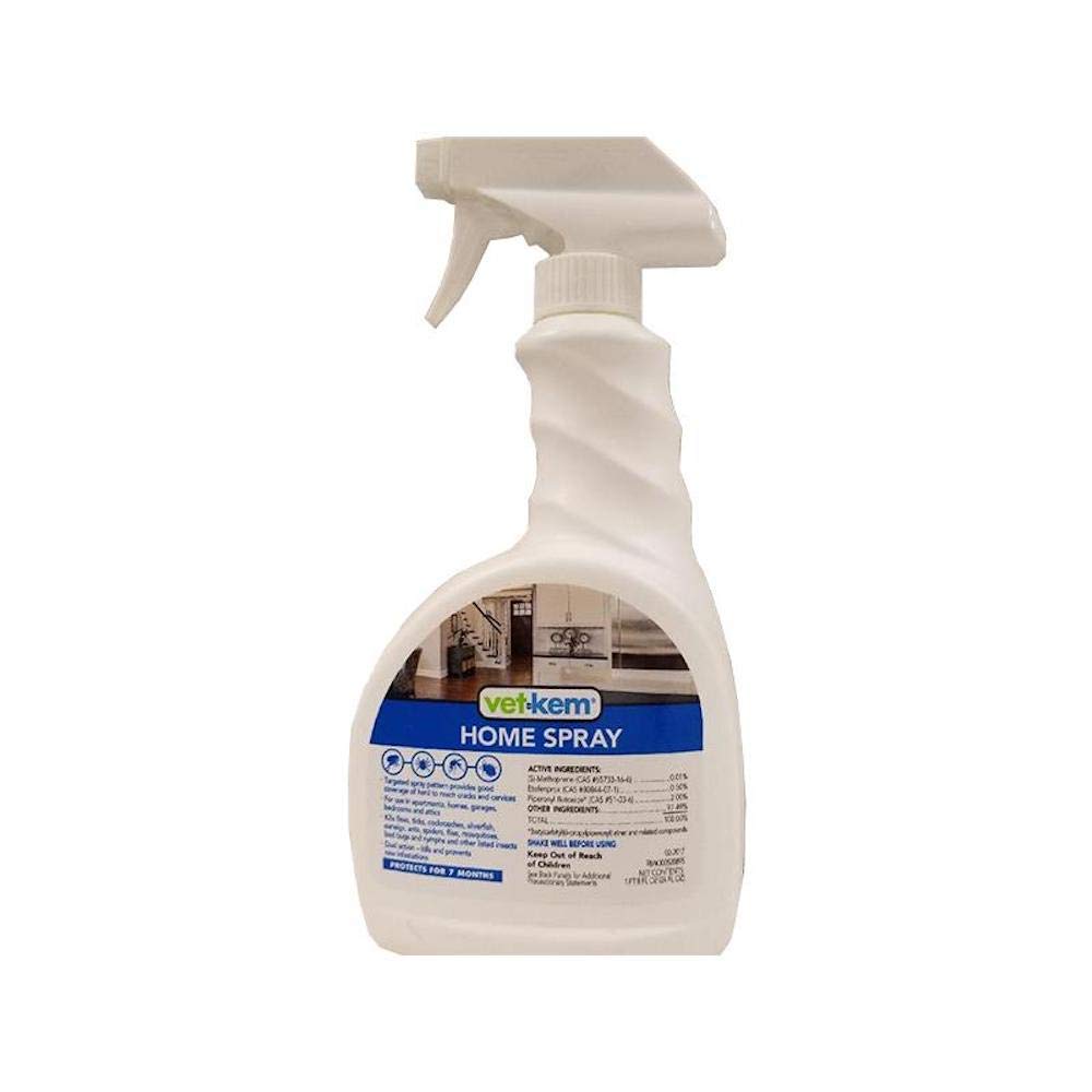 Vet-Kem Home Spray bottle pour enables quick, even pest control on carpets and furniture.