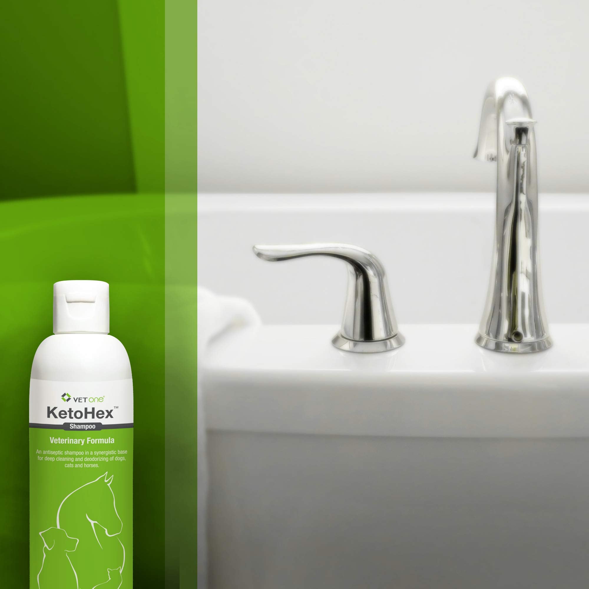 Vet One dog allergy shampoo rinsing-water image highlights quick, thorough rinse