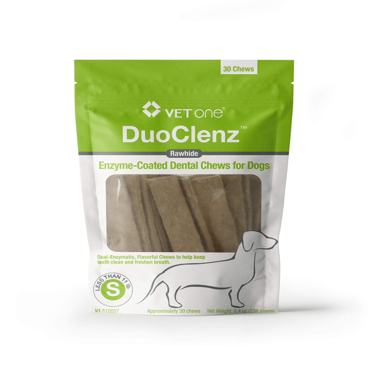 Vet One DuoClenz dental chews packaging highlights easy storage and 30-count supply for small dogs.