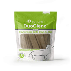 Vet One DuoClenz dental chews packaging highlights easy storage and 30-count supply for small dogs.