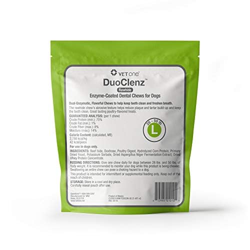 Close-up of dual enzymatic coating on DuoClenz chews suggests enhanced dental support.