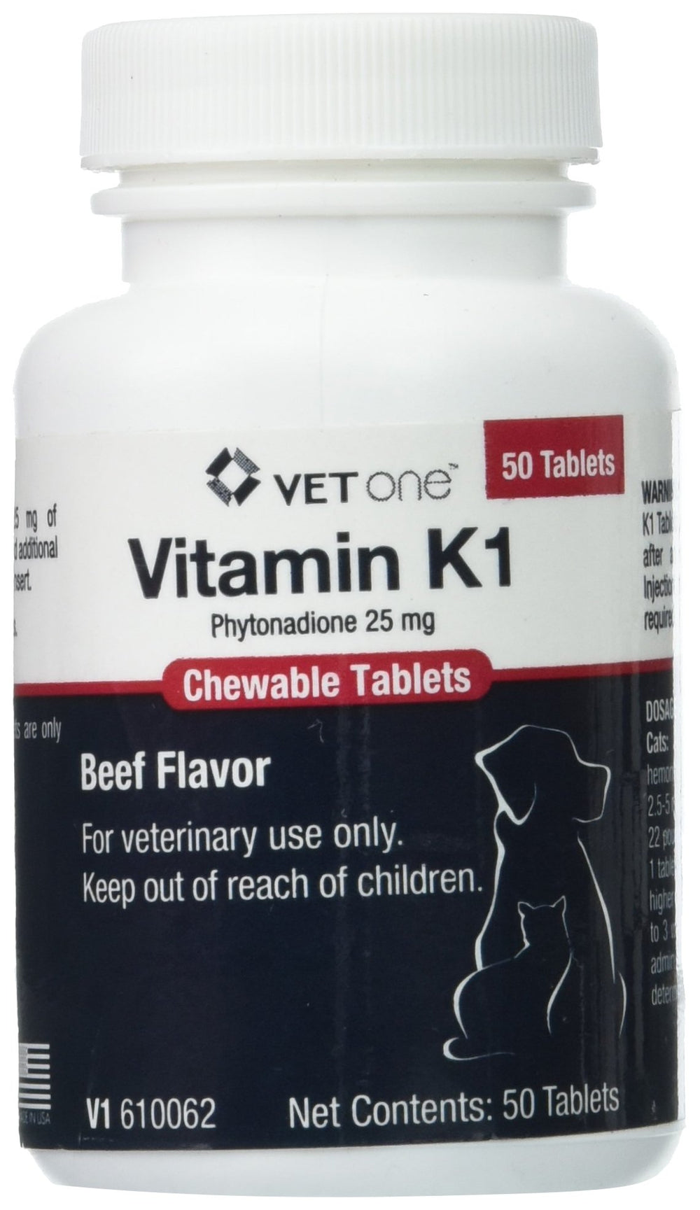 Vet One Vitamin K1 chewable tablets beef-flavored packaging for easy administration.