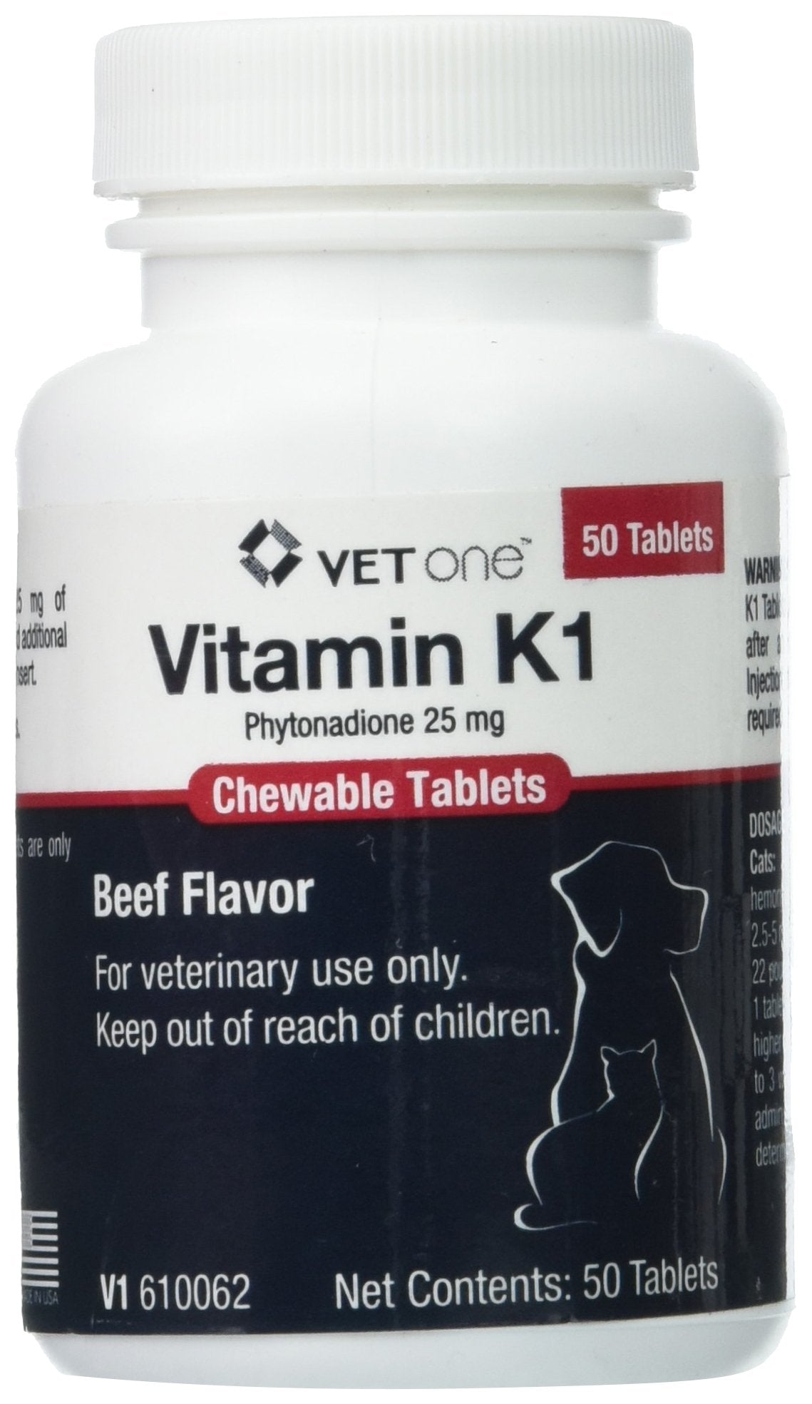 Vet One Vitamin K1 chewable tablets beef-flavored packaging for easy administration.
