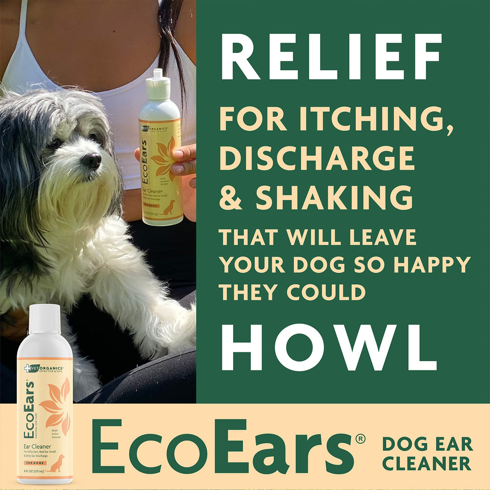 Vet Organics EcoEars ear cleaner application demonstrates gentle massage for soothing pet ears.