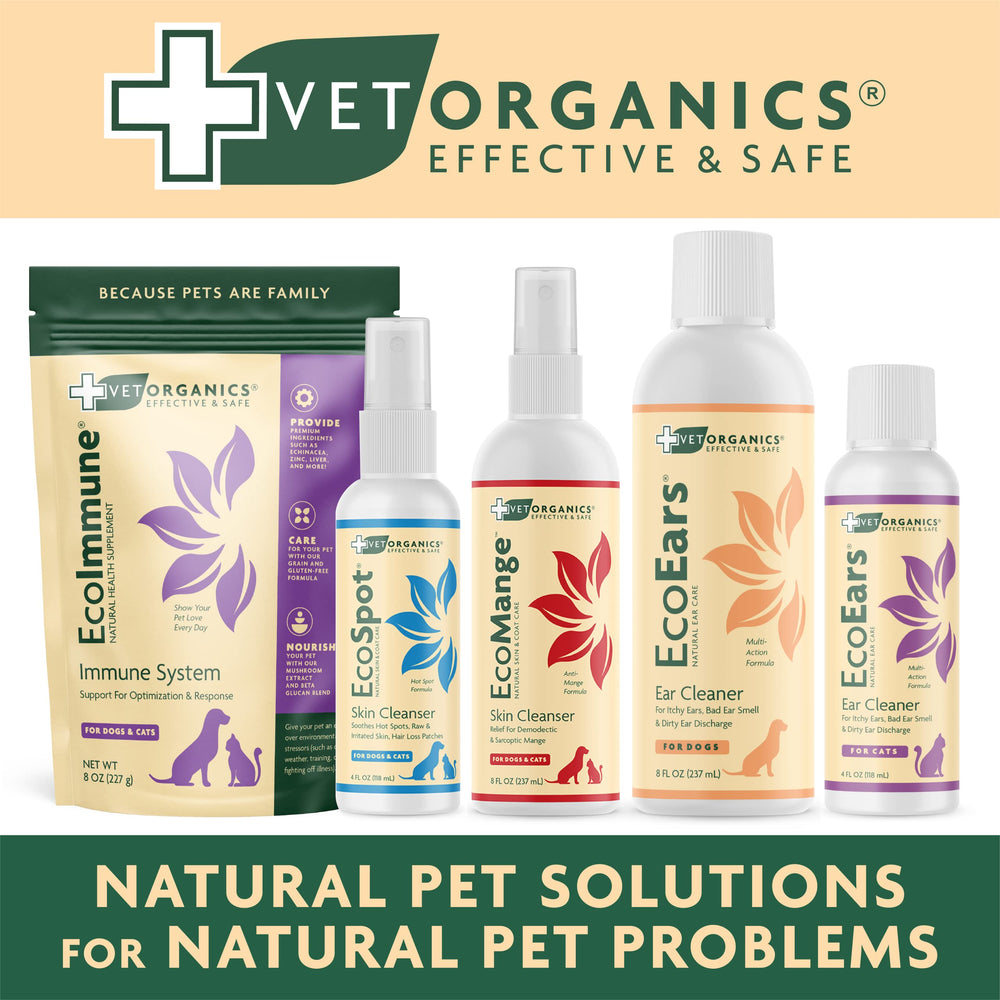 Vet Organics EcoEars label emphasizes natural ingredients and no pharmaceuticals.