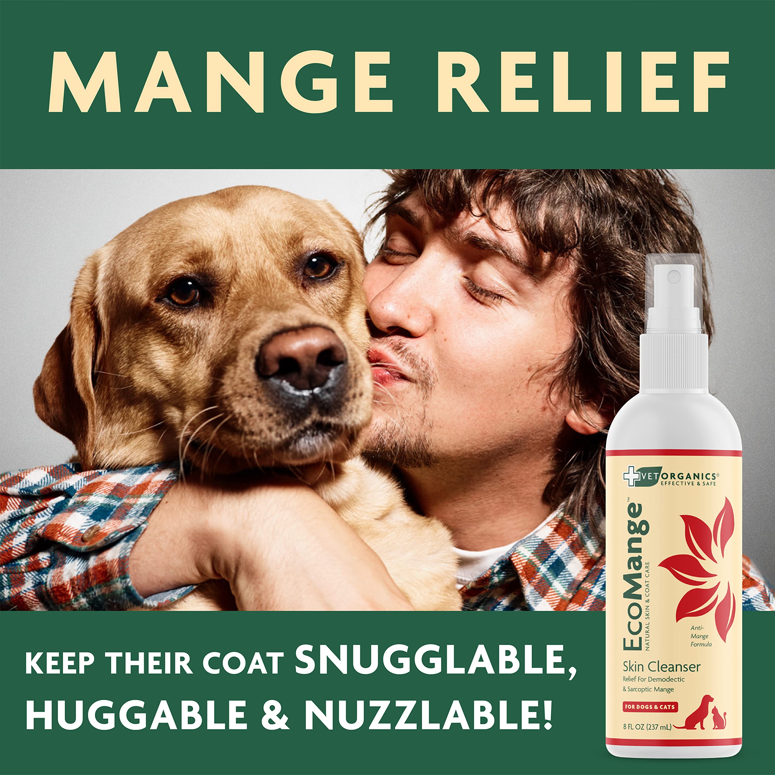 Vet Organics EcoMange area spray shows targeted mange relief on affected skin.