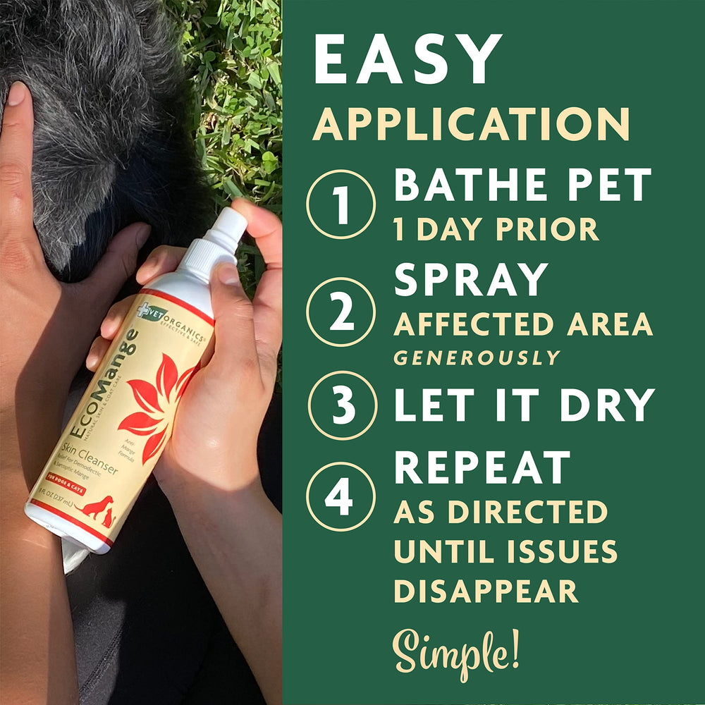 Vet Organics EcoMange dog skin-care close-up highlights a calming herbal formula.