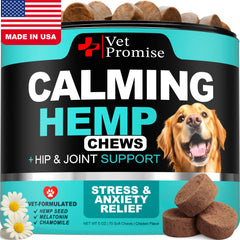Vet Promise Advanced Calming Chews bottle showing the calming formula for anxious dogs.