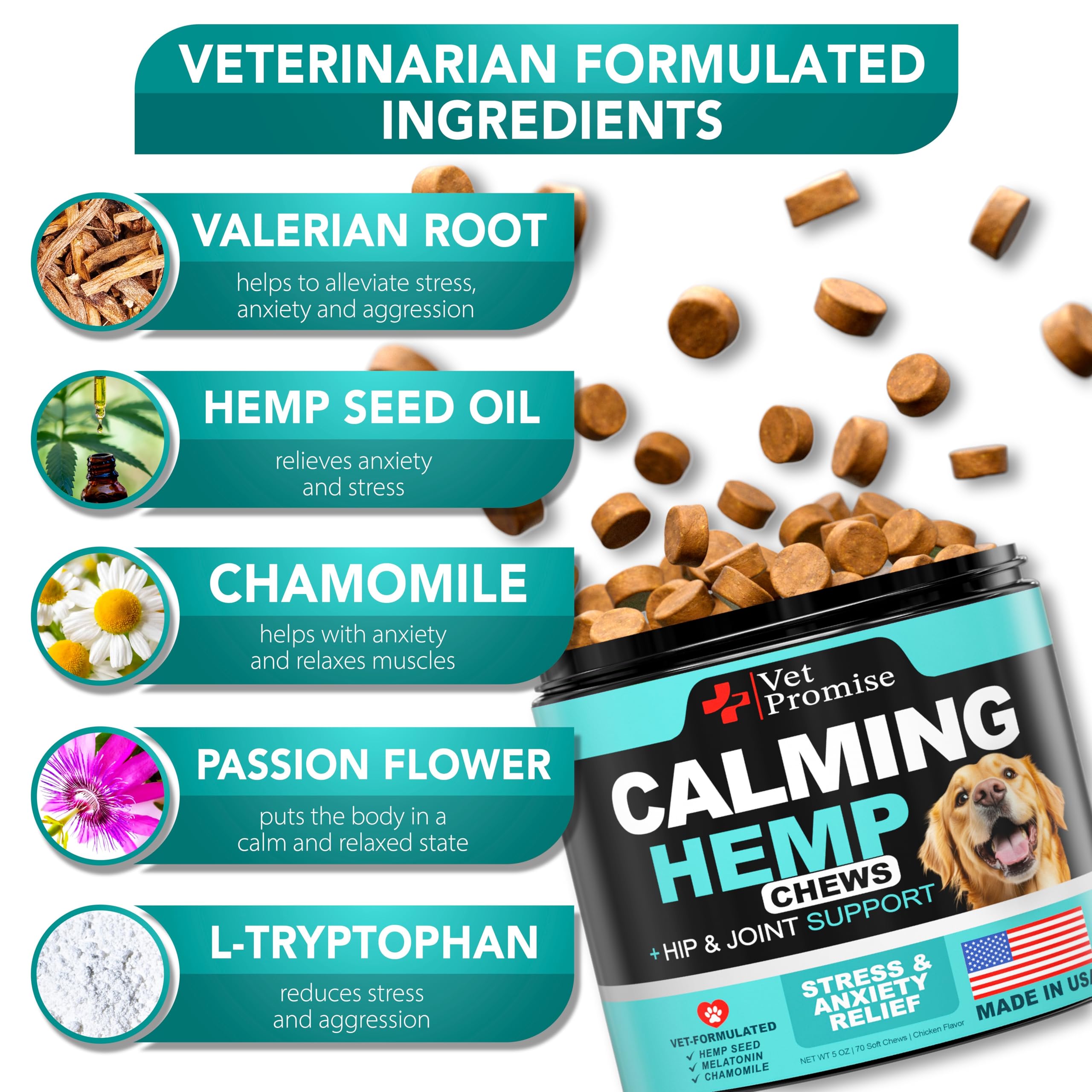 Vet Promise Advanced Calming Chews packaging close-up showing vet-formulated, USA-made quality.