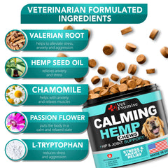 Vet Promise Advanced Calming Chews packaging close-up showing vet-formulated, USA-made quality.