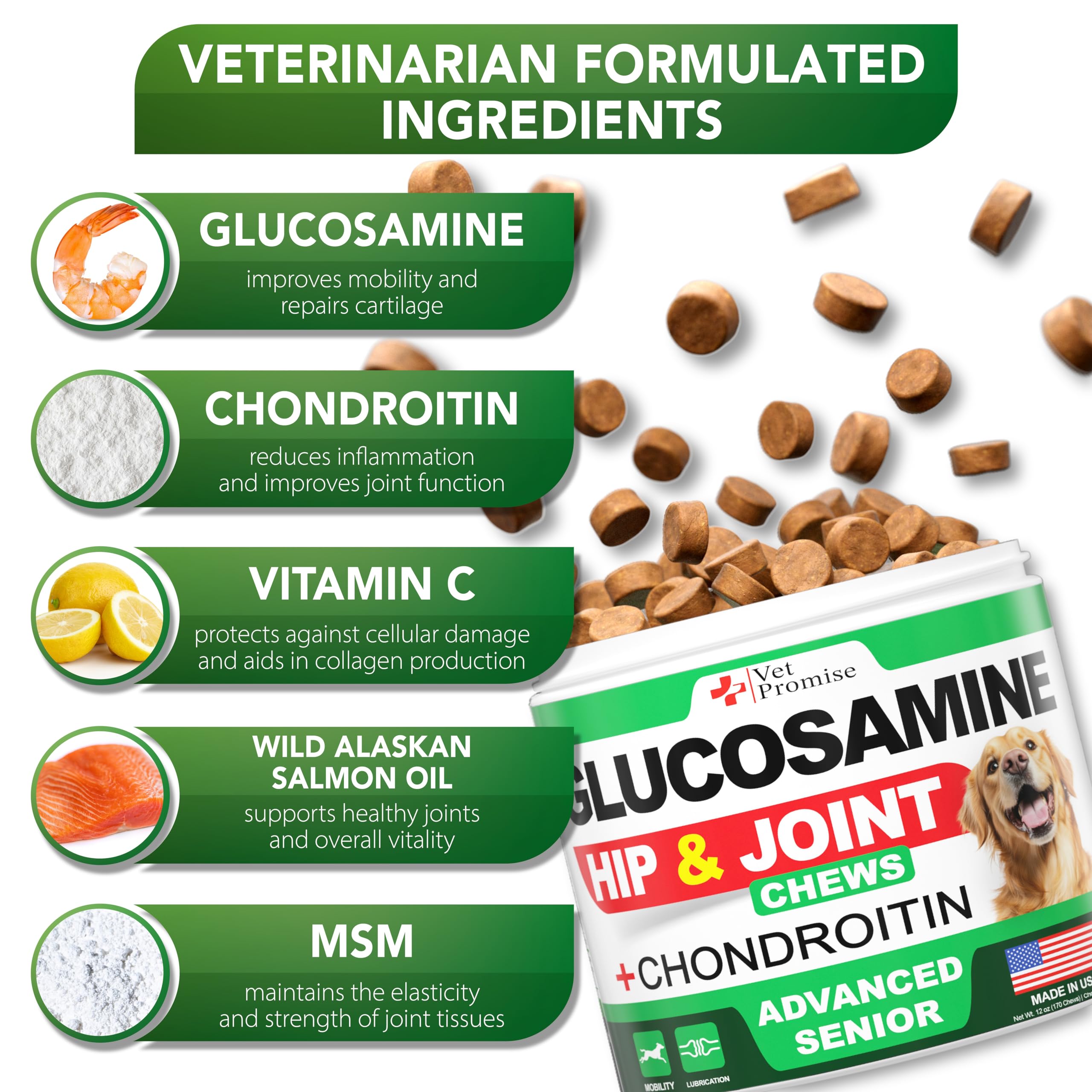 Vet Promise Advanced Glucosamine for Dogs joint-support closeup highlighting cartilage care.