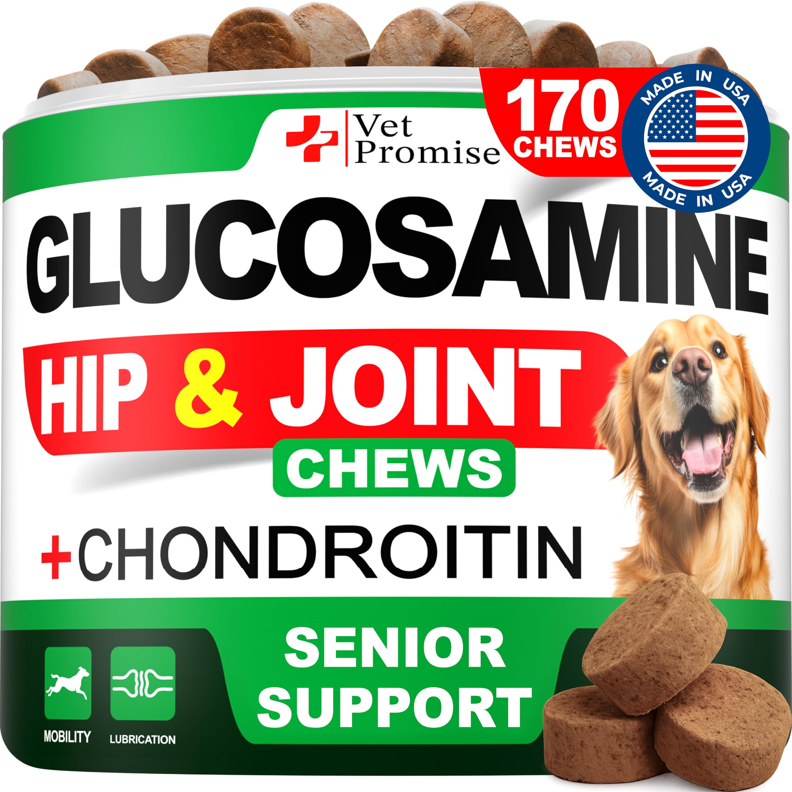Vet Promise Advanced Glucosamine for Dogs packaging showing senior joint support.