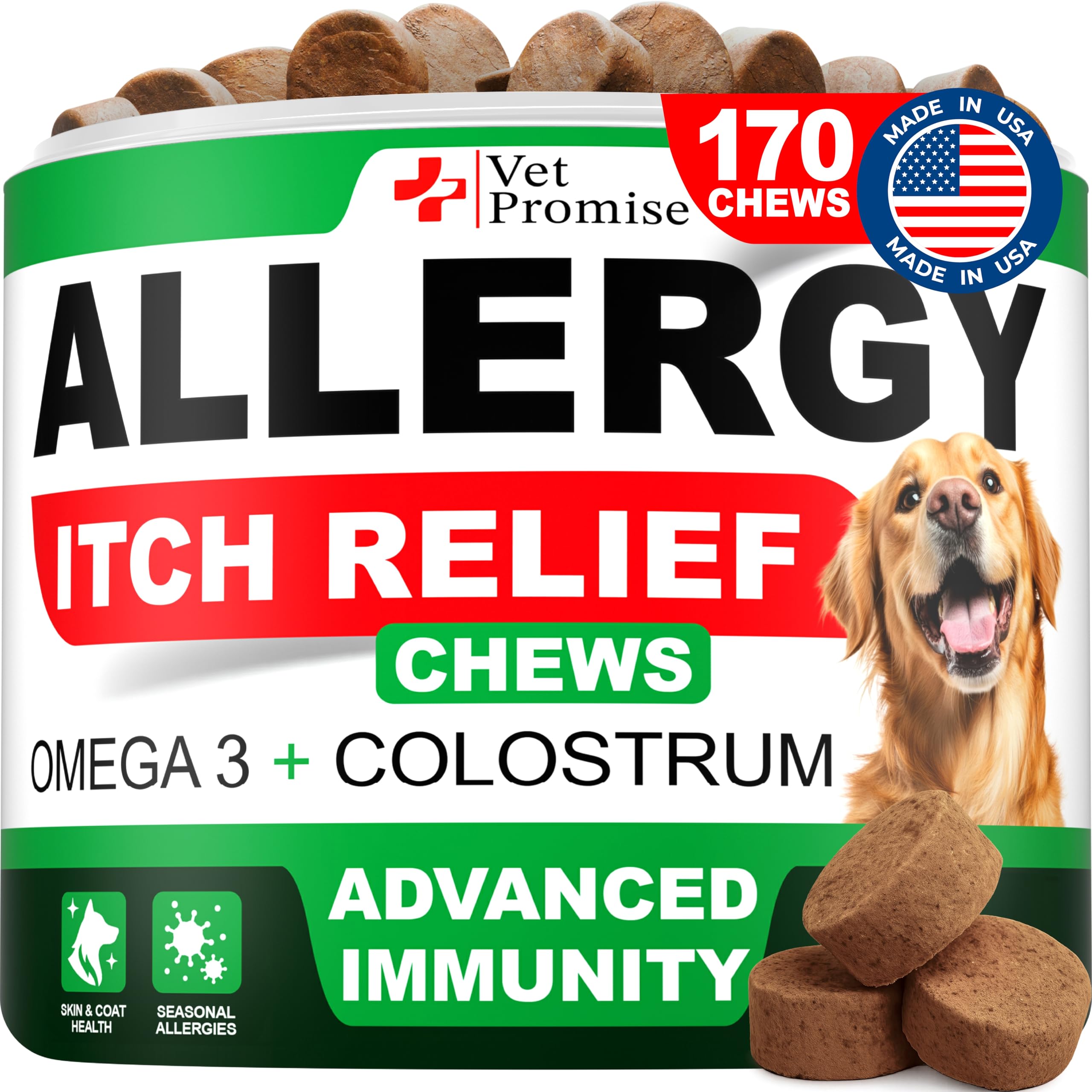 Vet Promise dog allergy relief chews bottle showing omega-3 and immune-supporting ingredients.