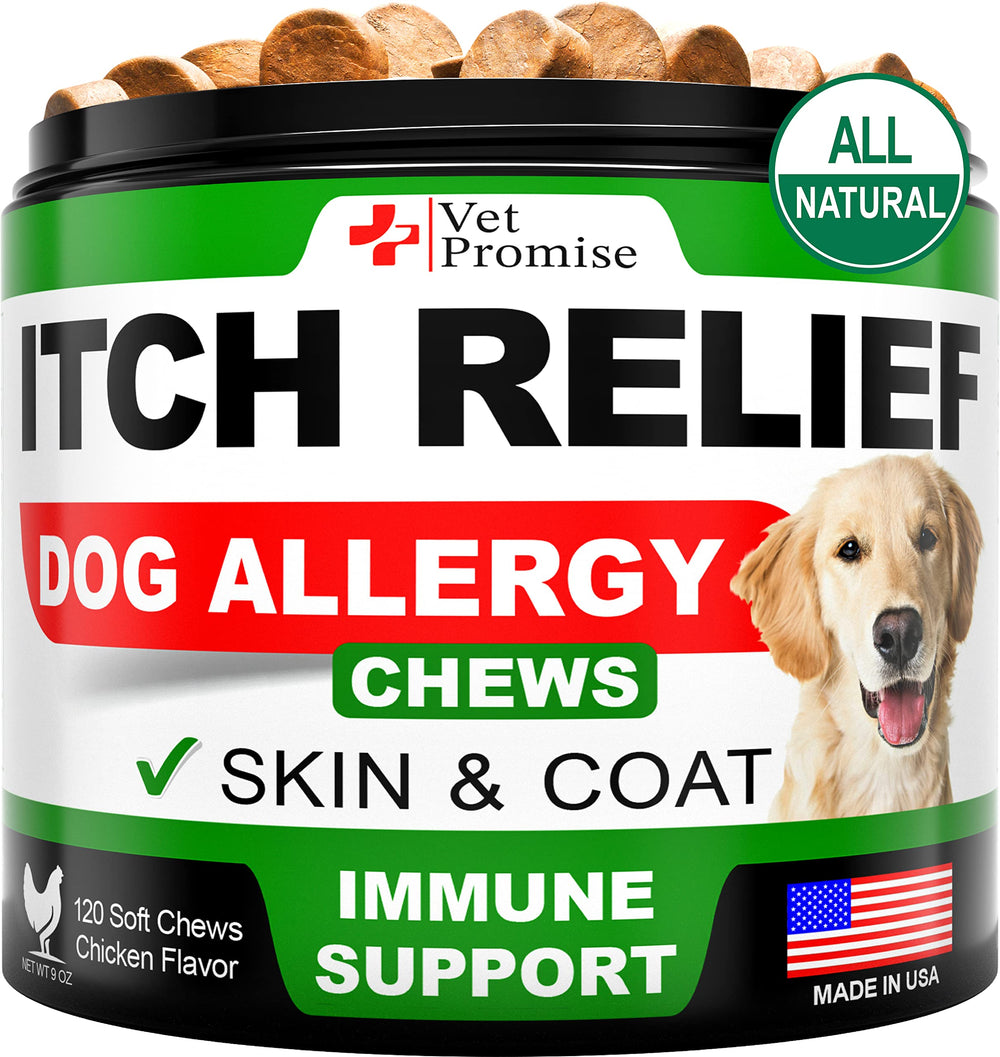 Vet Promise Dog Allergy Relief Chews bottle supports itch relief and immune health.