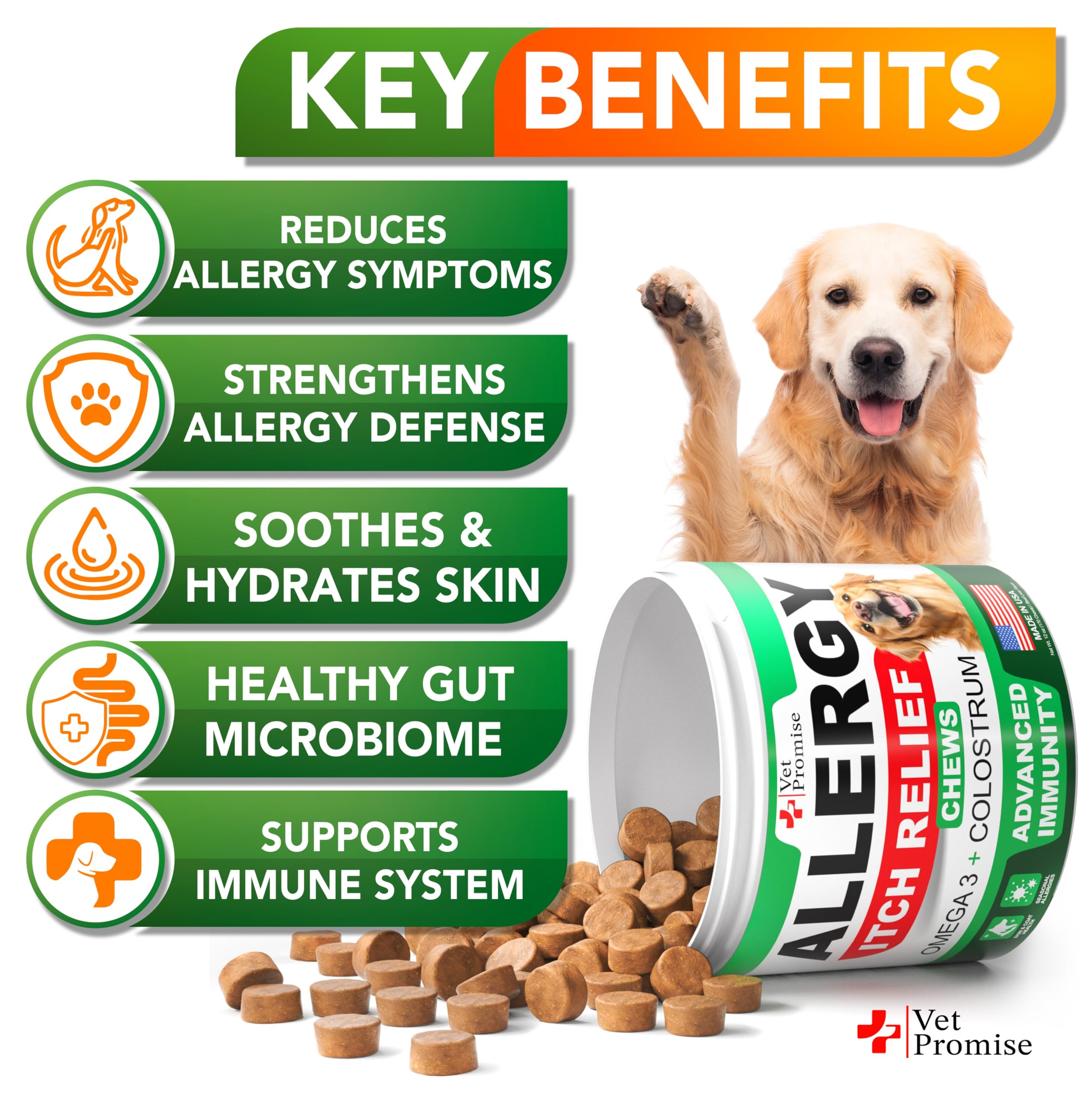 Vet Promise dog allergy relief chews closeup focused on bite-sized chews for itching relief.