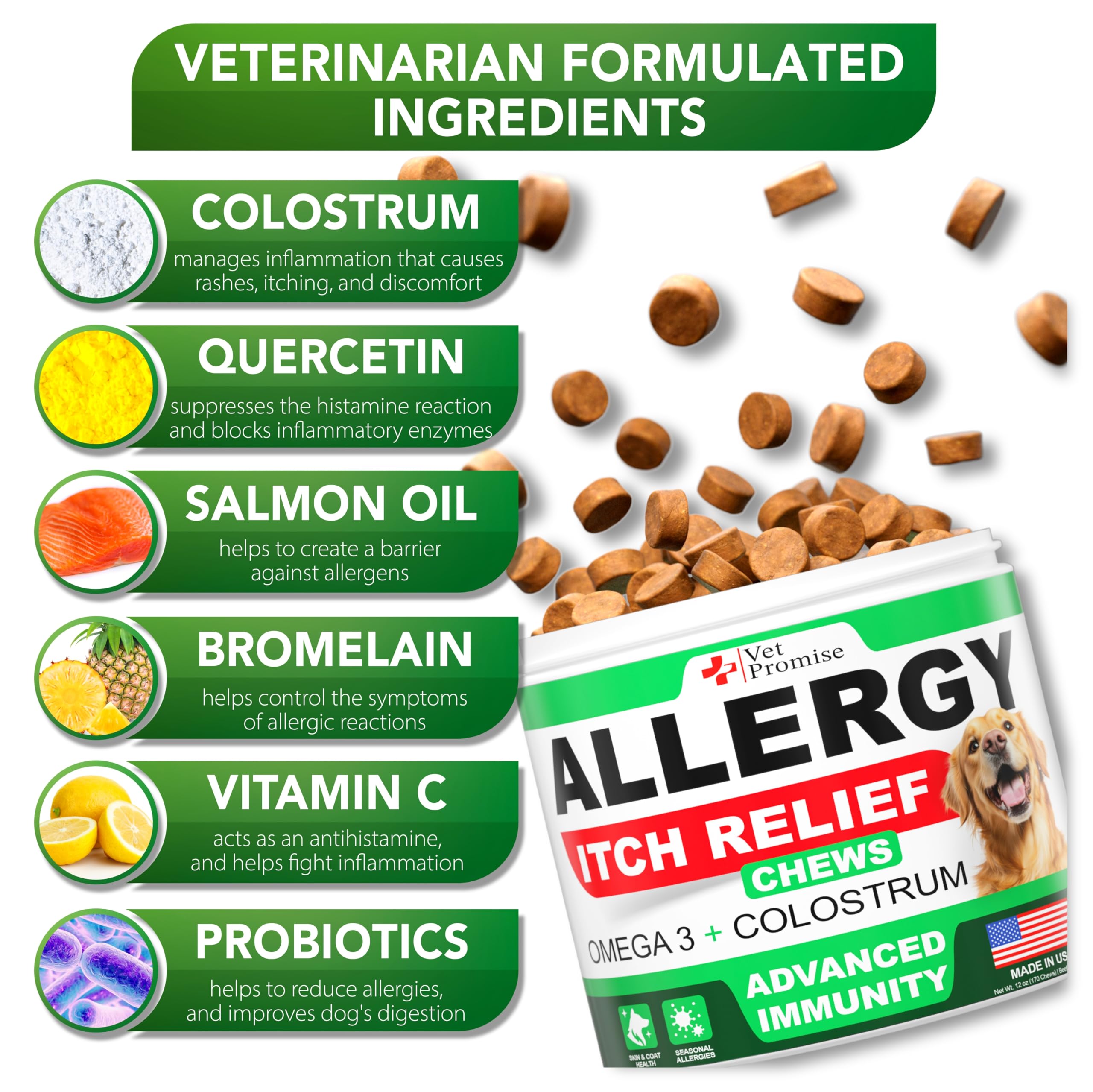Vet Promise dog allergy relief chews packaging highlights USA-made vet formulation and quality.