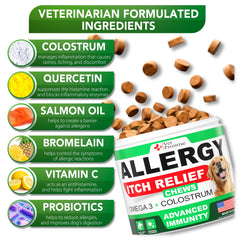 Vet Promise dog allergy relief chews packaging highlights USA-made vet formulation and quality.
