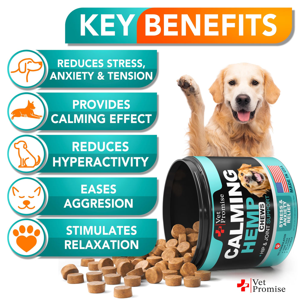 Vet Promise Dog Calming Treats serving dish for quick calm during trips.