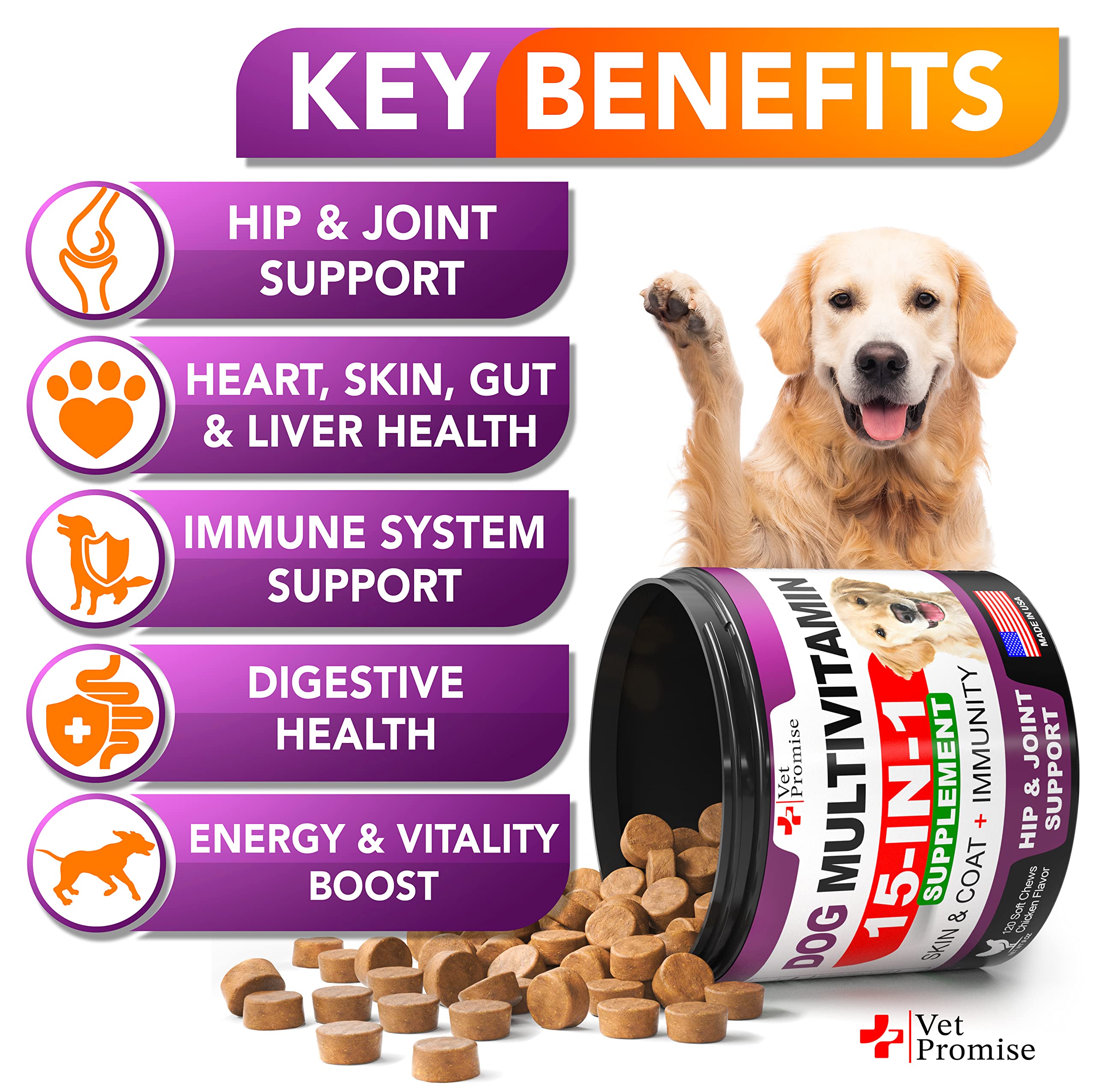 Vet Promise dog multivitamin chews close-up with appealing texture for daily wellness.