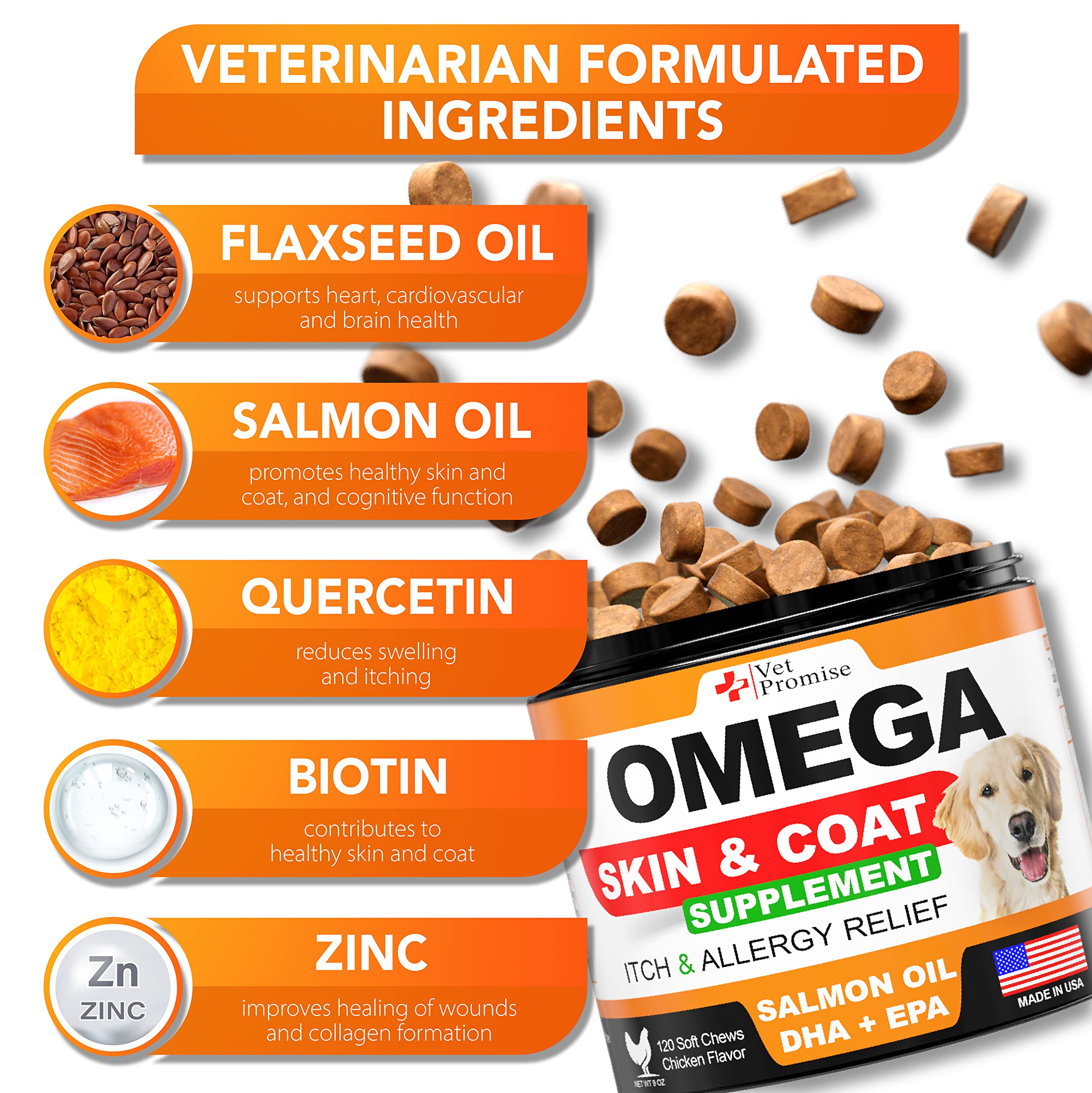 Vet Promise dog skin coat supplement tub open reveals premium ingredients.