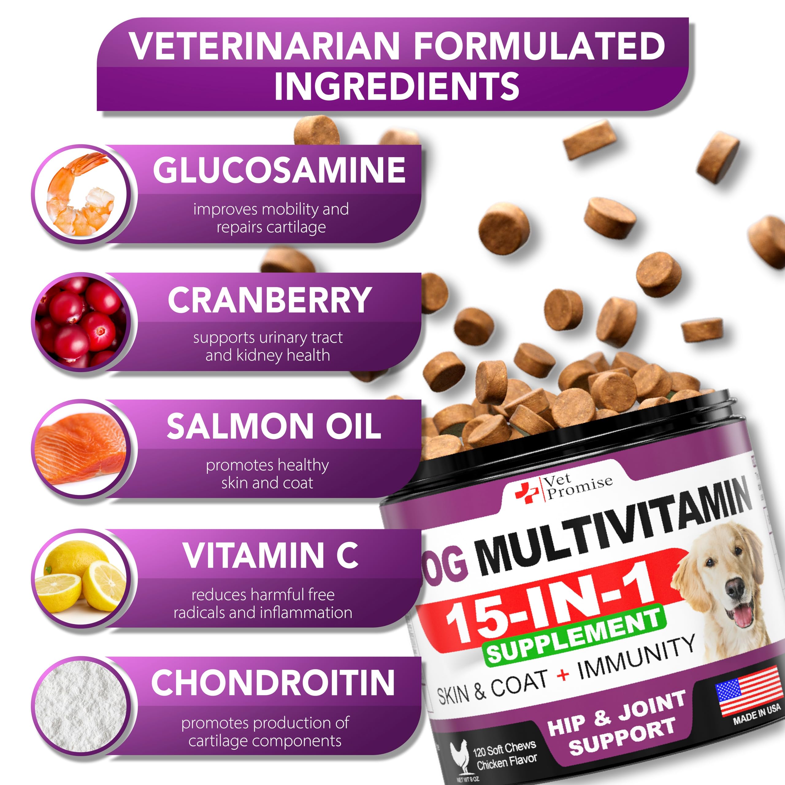 Vet Promise glucosamine dog joint-chews aiding flexible movement.