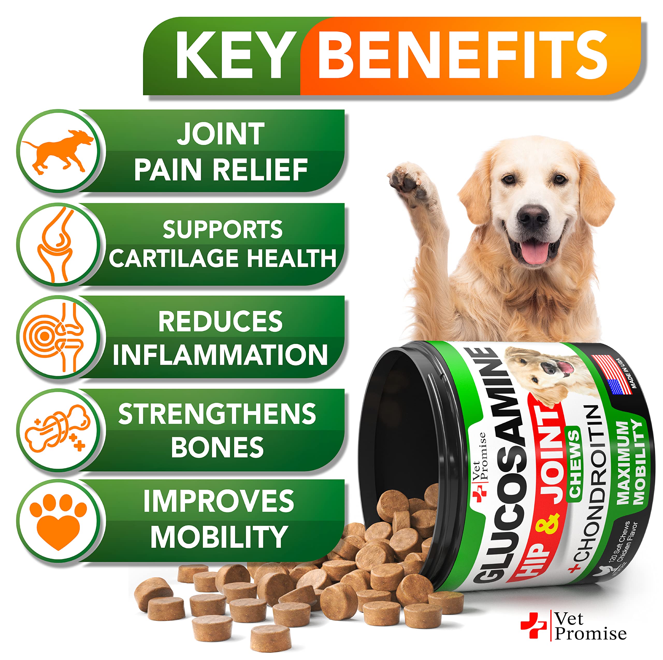 Vet Promise Glucosamine for Dogs chews close-up highlighting texture for palatable joint relief
