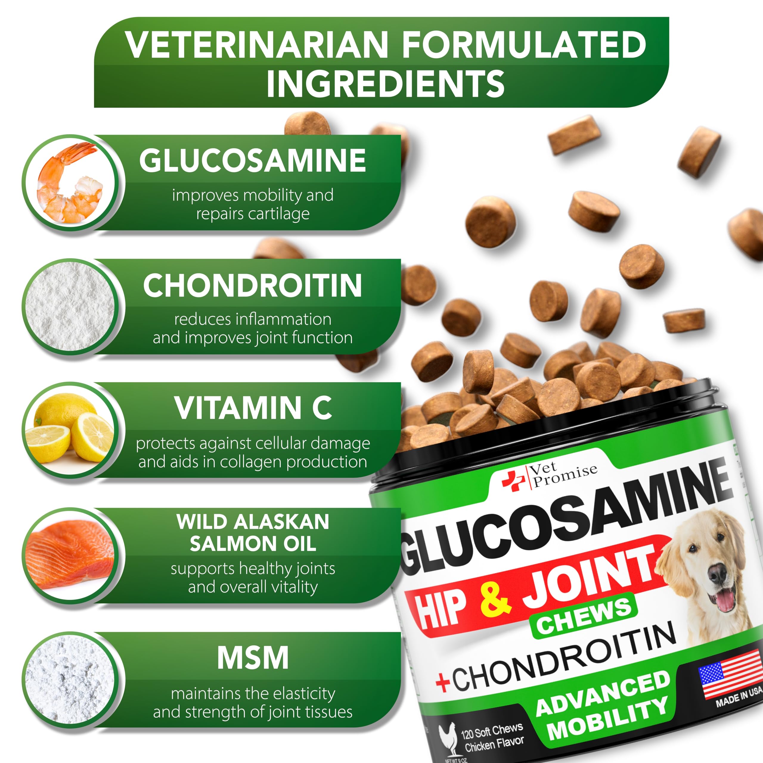 Vet Promise glucosamine dog chews closeup highlighting texture for joint comfort