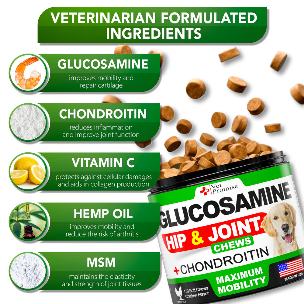 Vet Promise glucosamine dogs packaging USA-made indicating quality