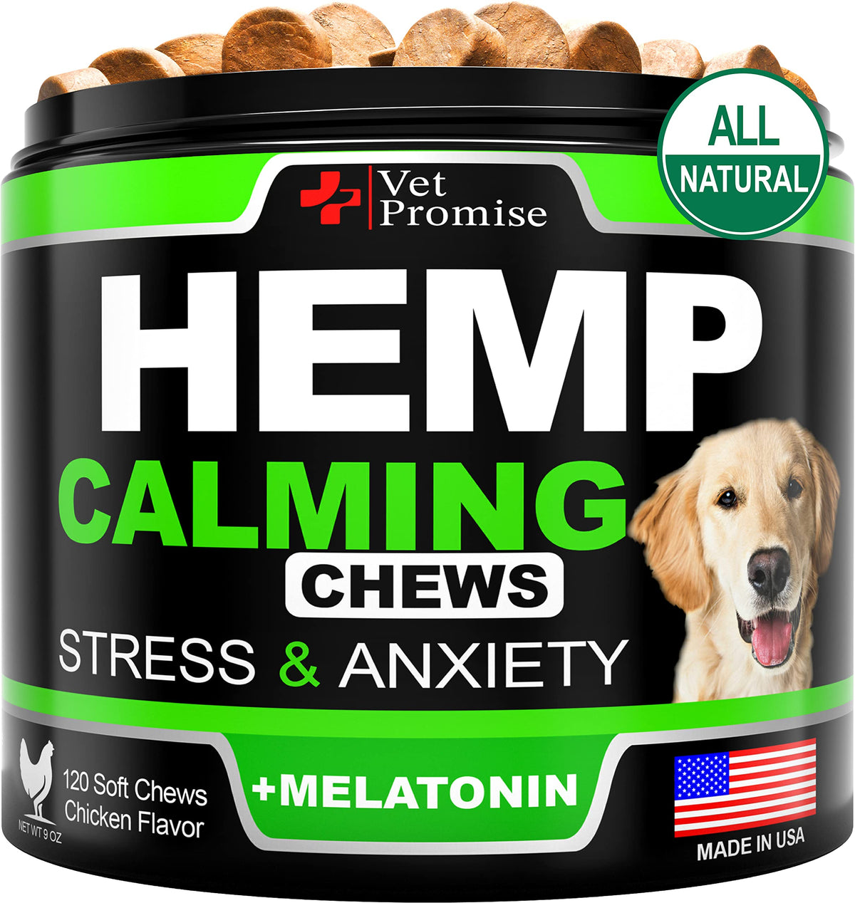 Vet Promise hemp calming chews bottle label shows calming support for anxious dogs