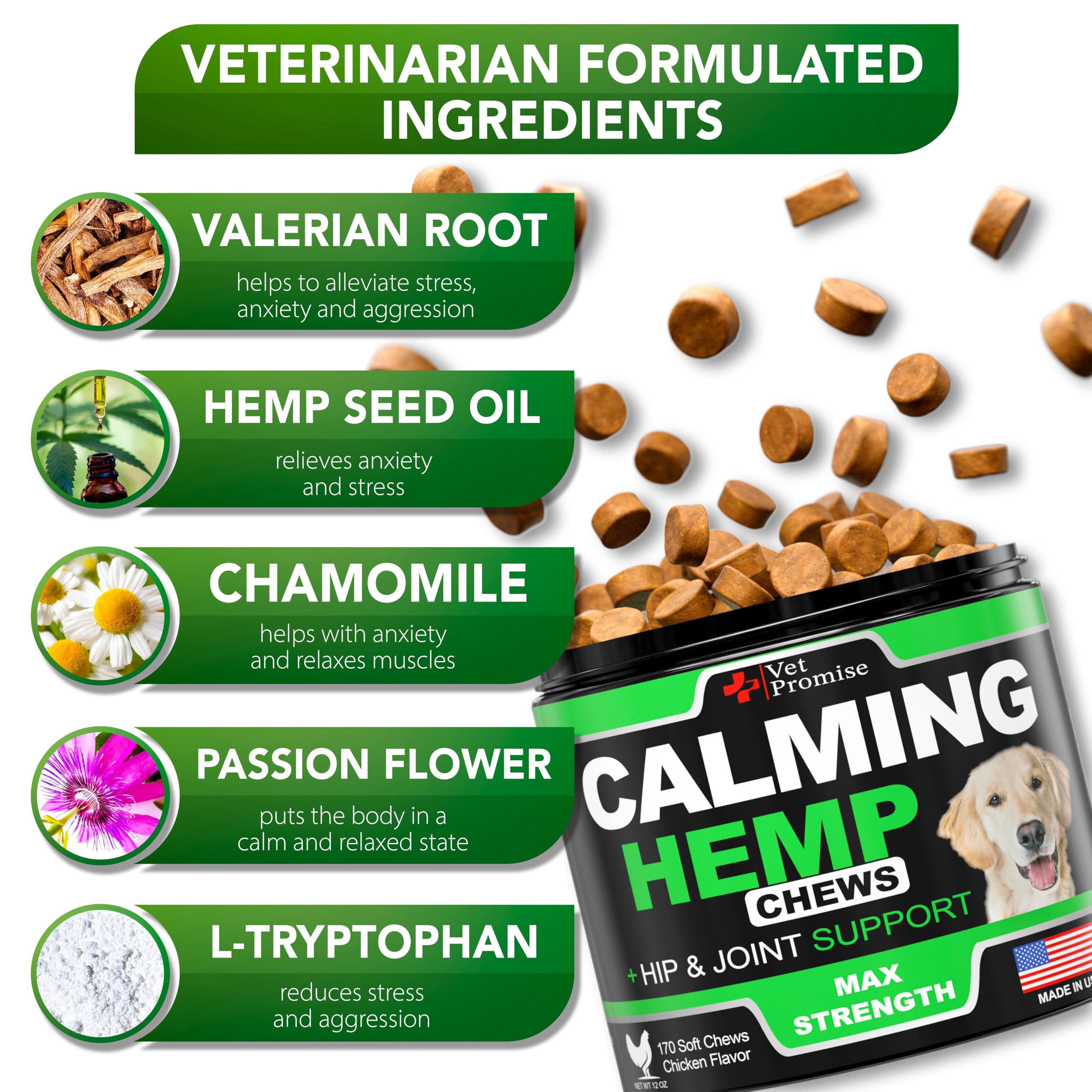 Vet Promise chamomile-infused chews soothe nerves in dogs.