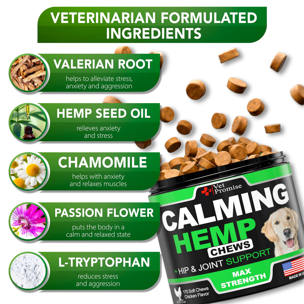 Vet Promise chamomile-infused chews soothe nerves in dogs.