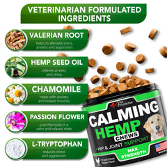 Vet Promise chamomile-infused chews soothe nerves in dogs.