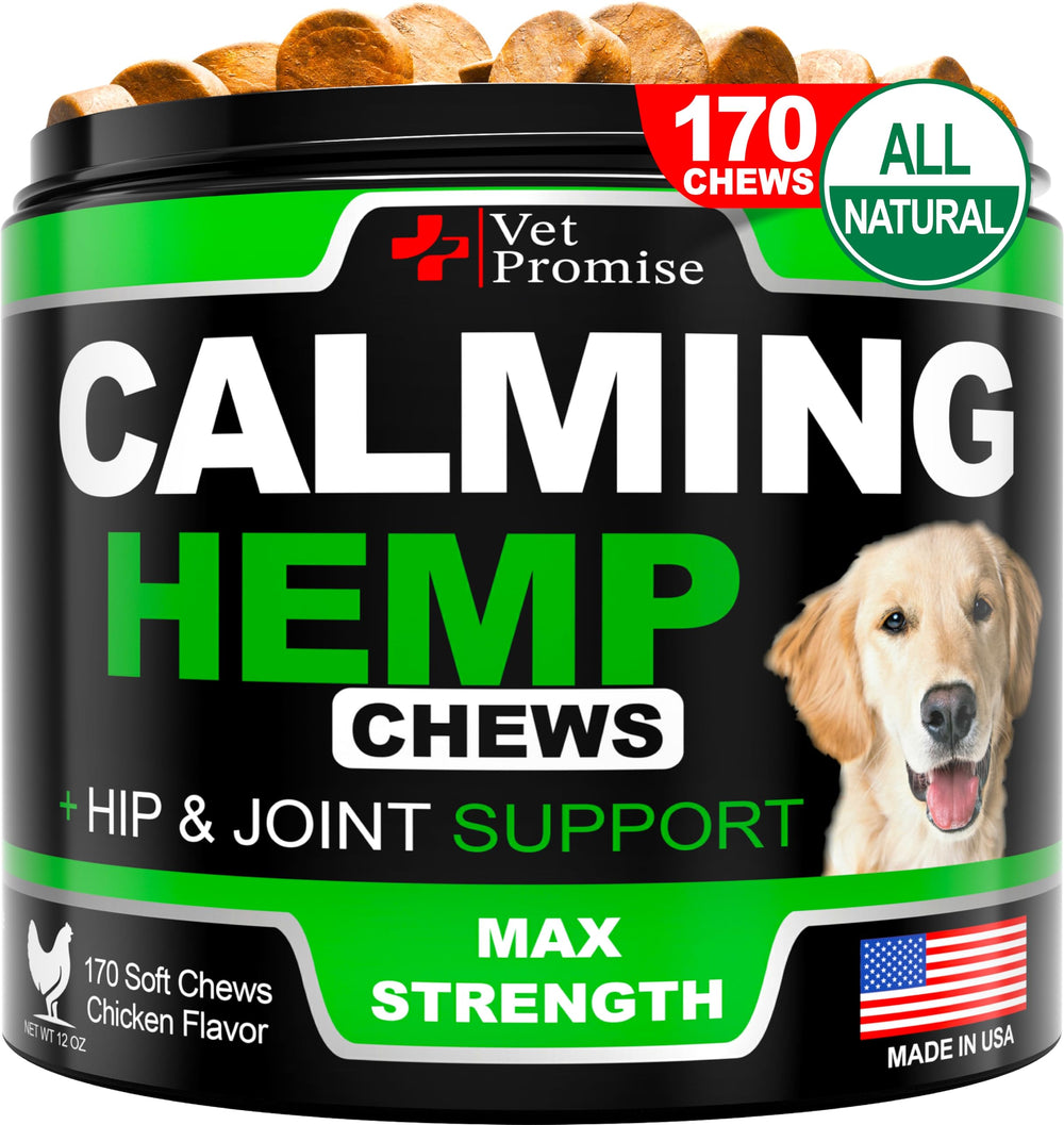 Vet Promise Hemp Calming Chews bottle for dogs, calming anxiety during storms and vet visits.