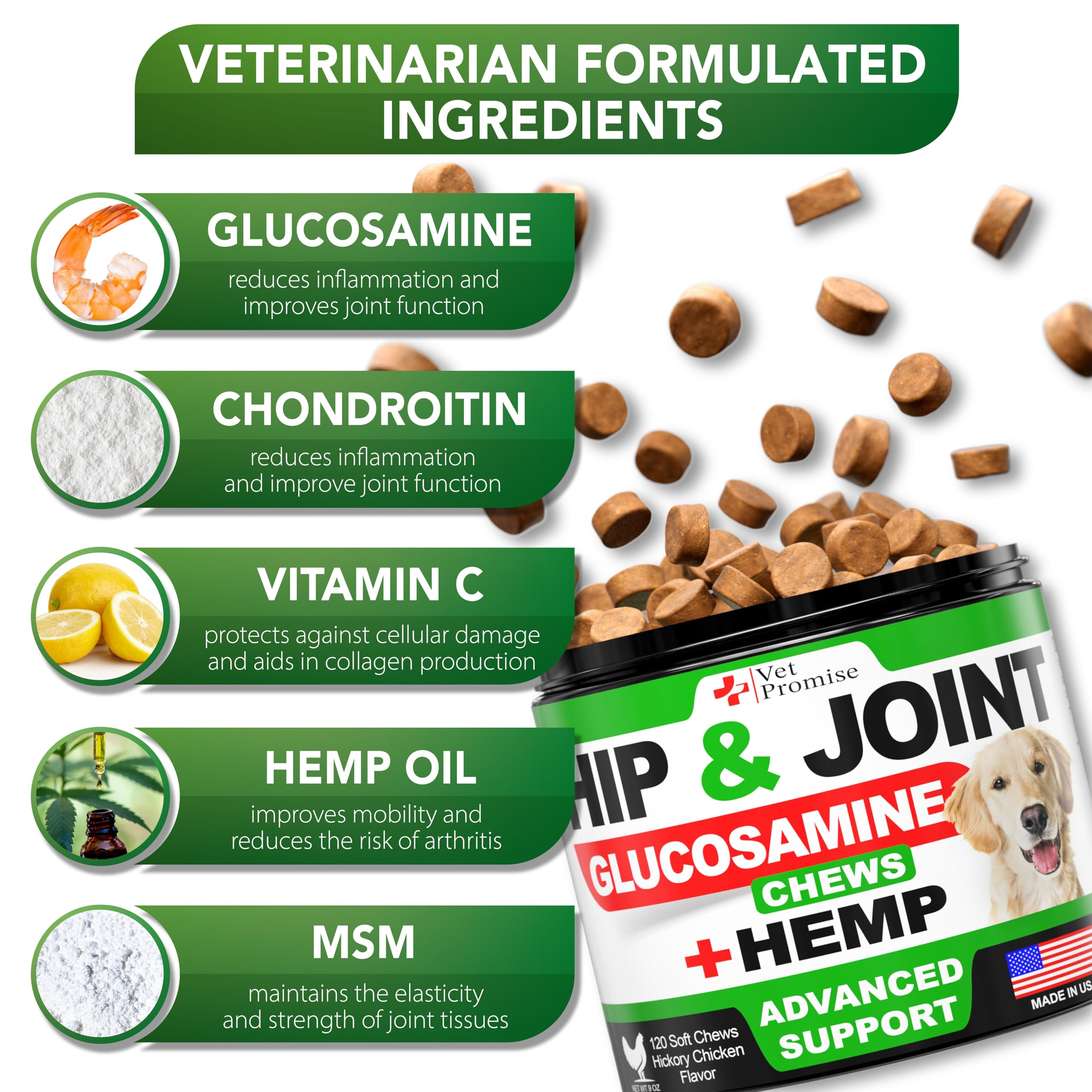 Vet Promise hemp oil MSM chondroitin ingredients image highlights premium natural formulation