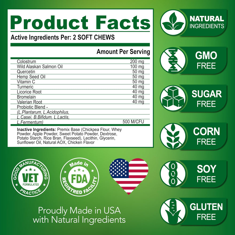 Vet Promise ingredient list bottle shows sugar- and preservative-free formula.