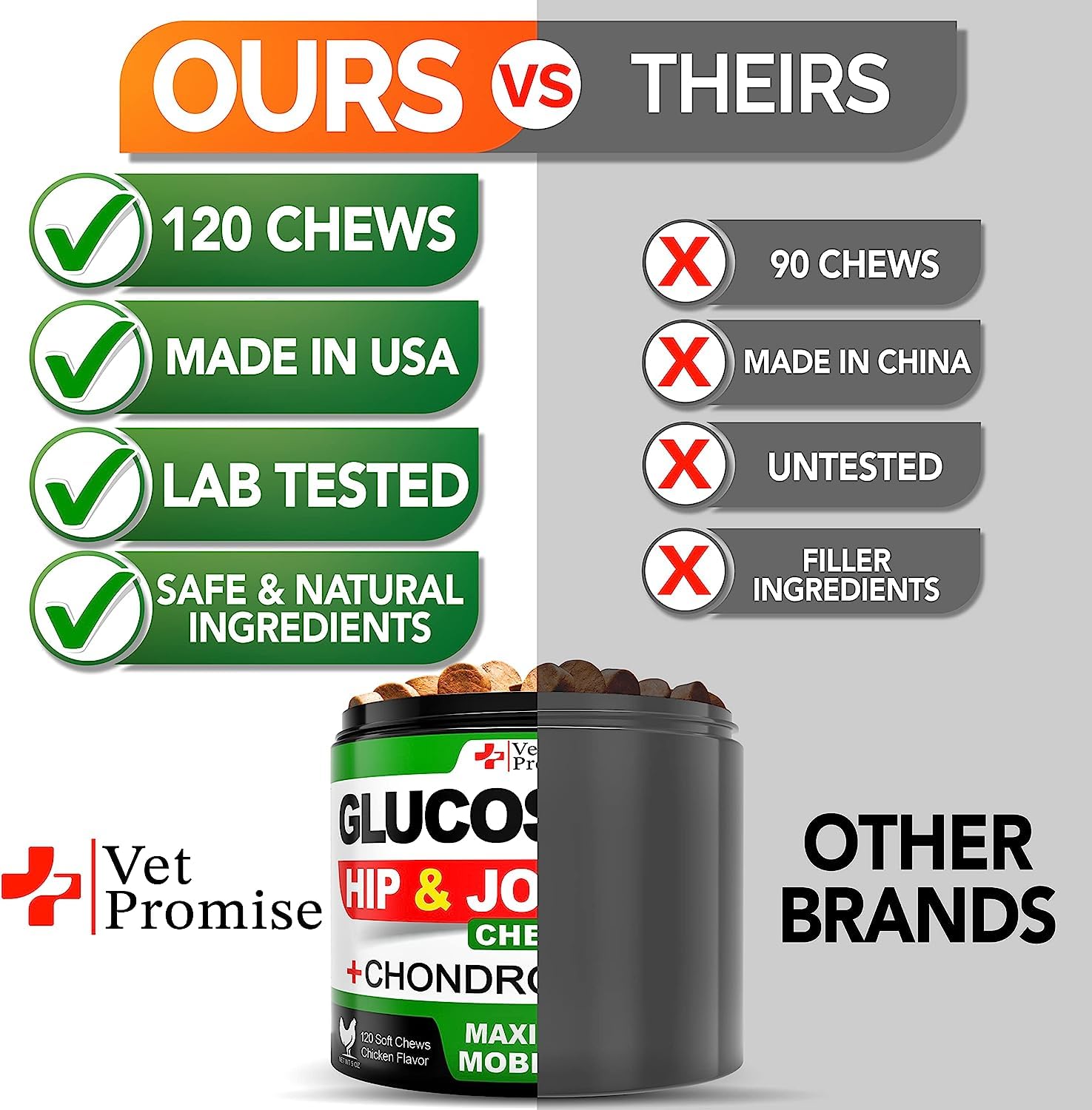 Vet Promise ingredients hemp oil and MSM label highlighting natural joint-support components