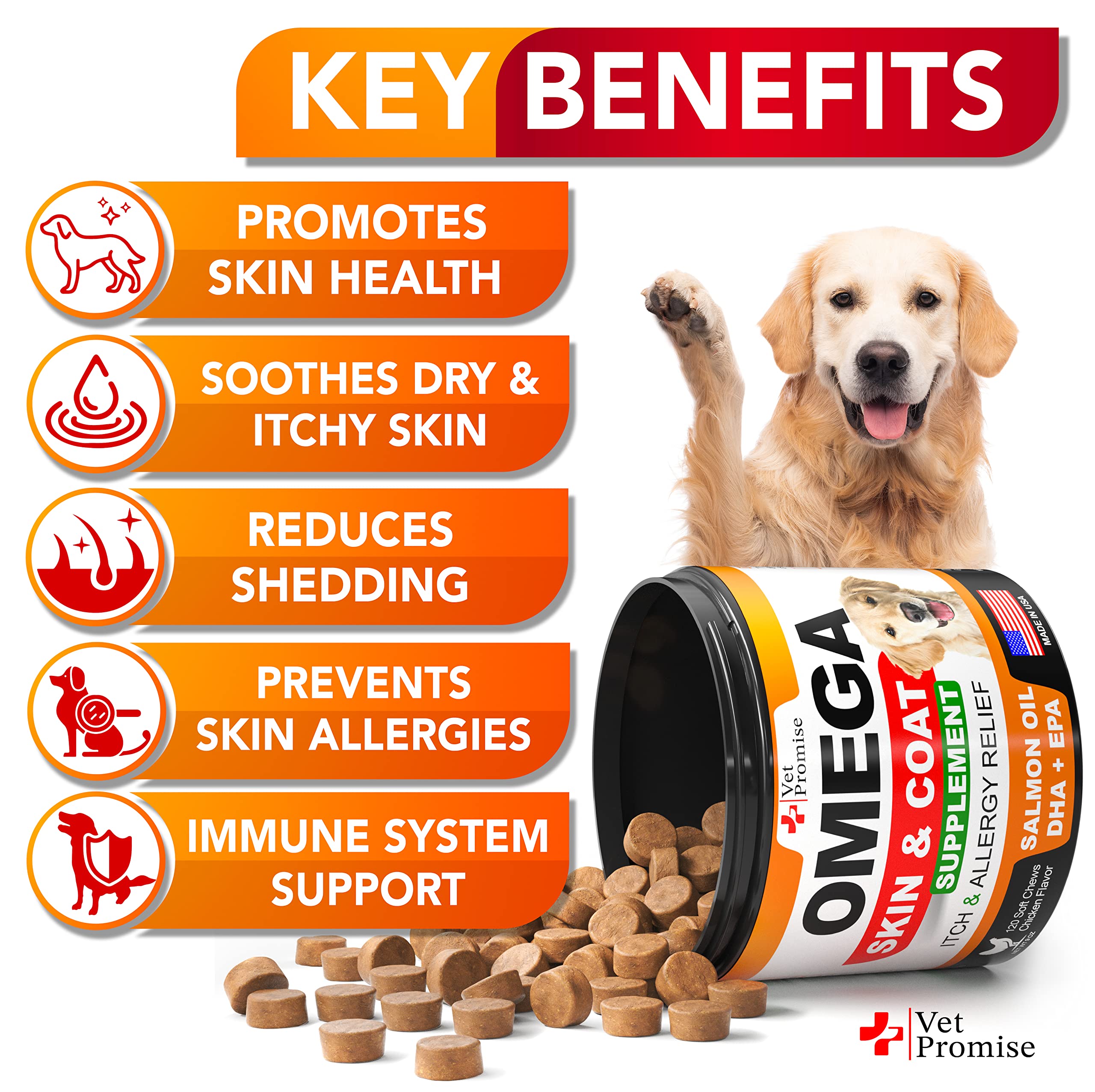 Vet Promise salmon oil dogs soft chews close-up supports healthy skin.