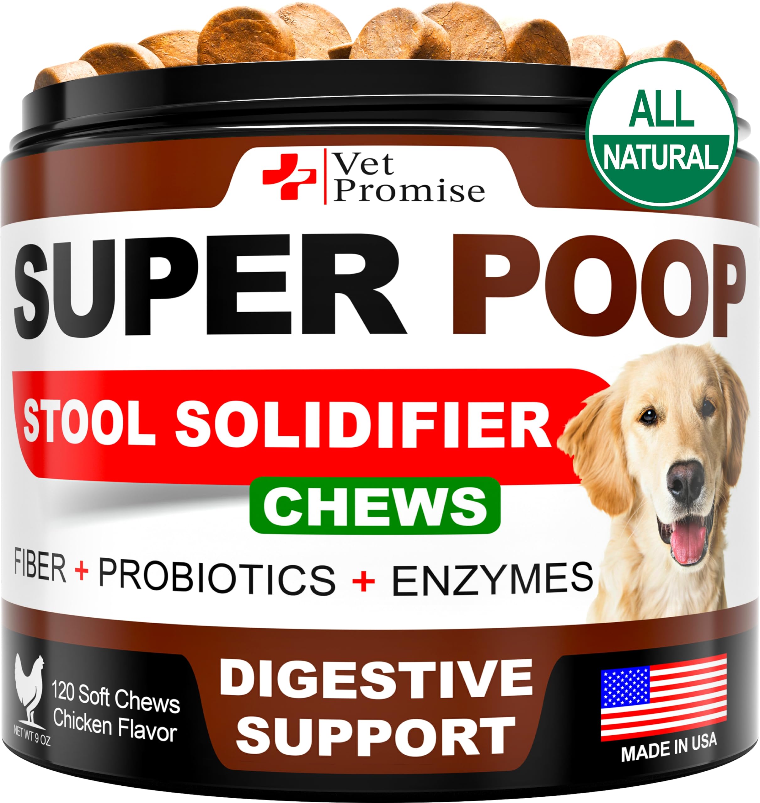 Vet Promise Super Poop Probiotics dog bottle front — gut support for healthy digestion.