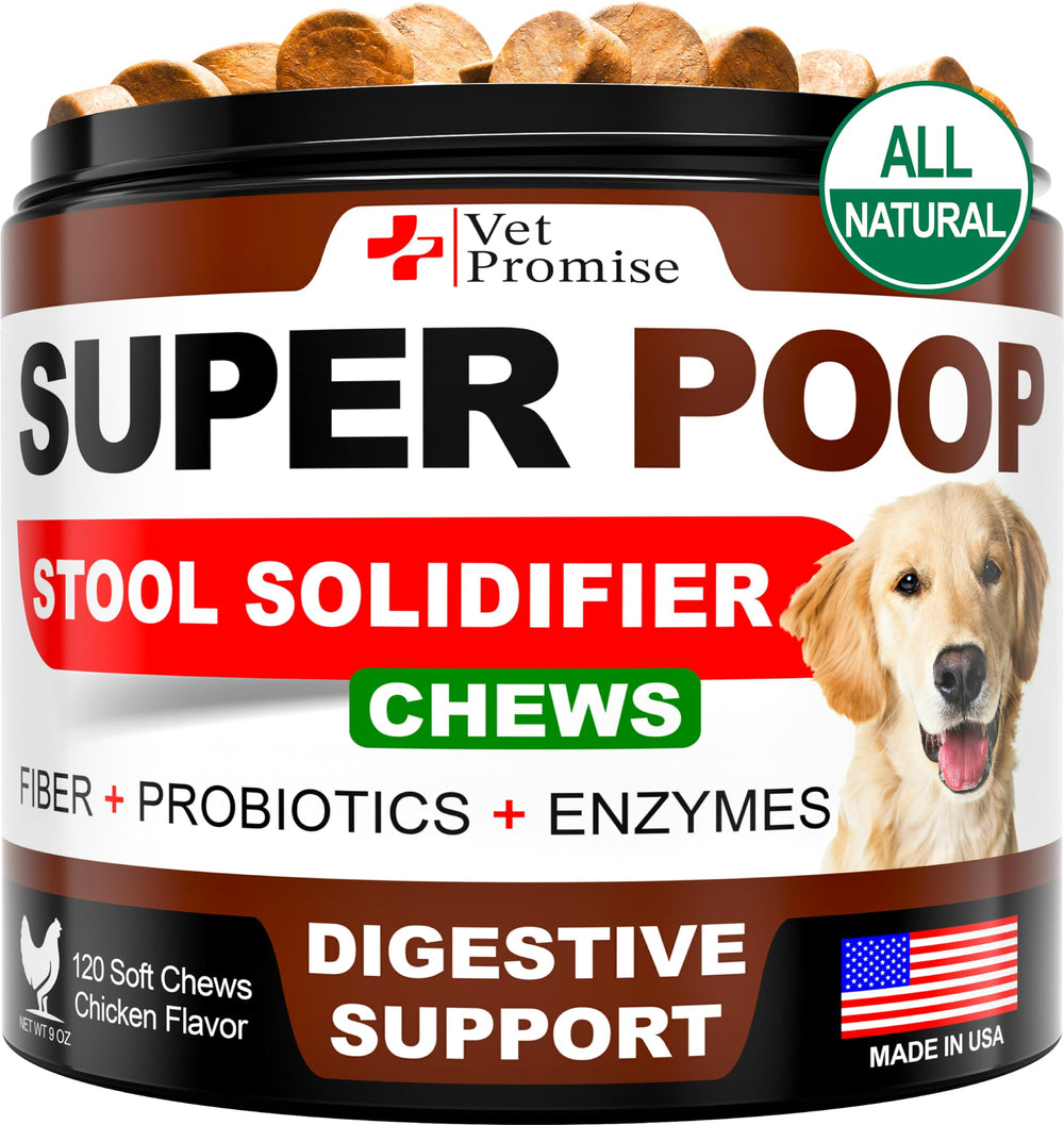 Vet Promise Super Poop Probiotics dog bottle front — gut support for healthy digestion.