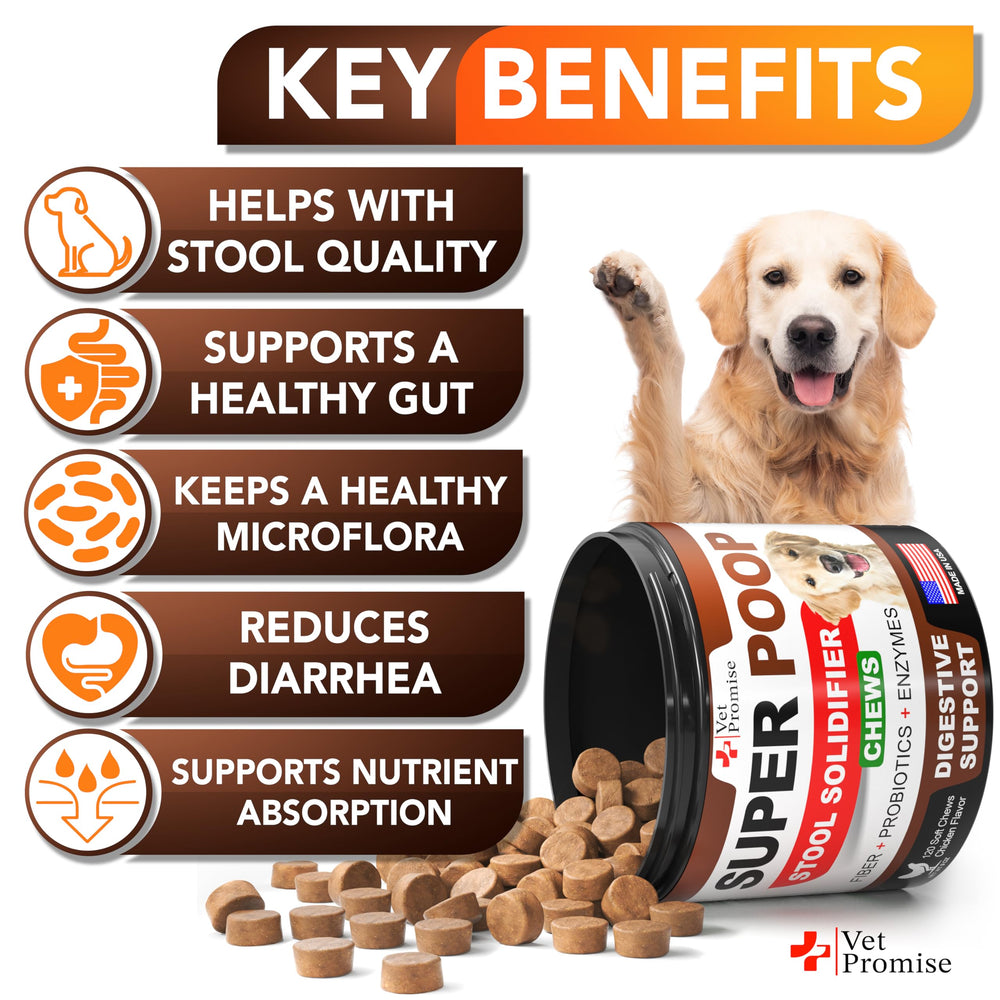 Vet Promise Super Poop Probiotics dog chews close-up — promotes balanced stool.