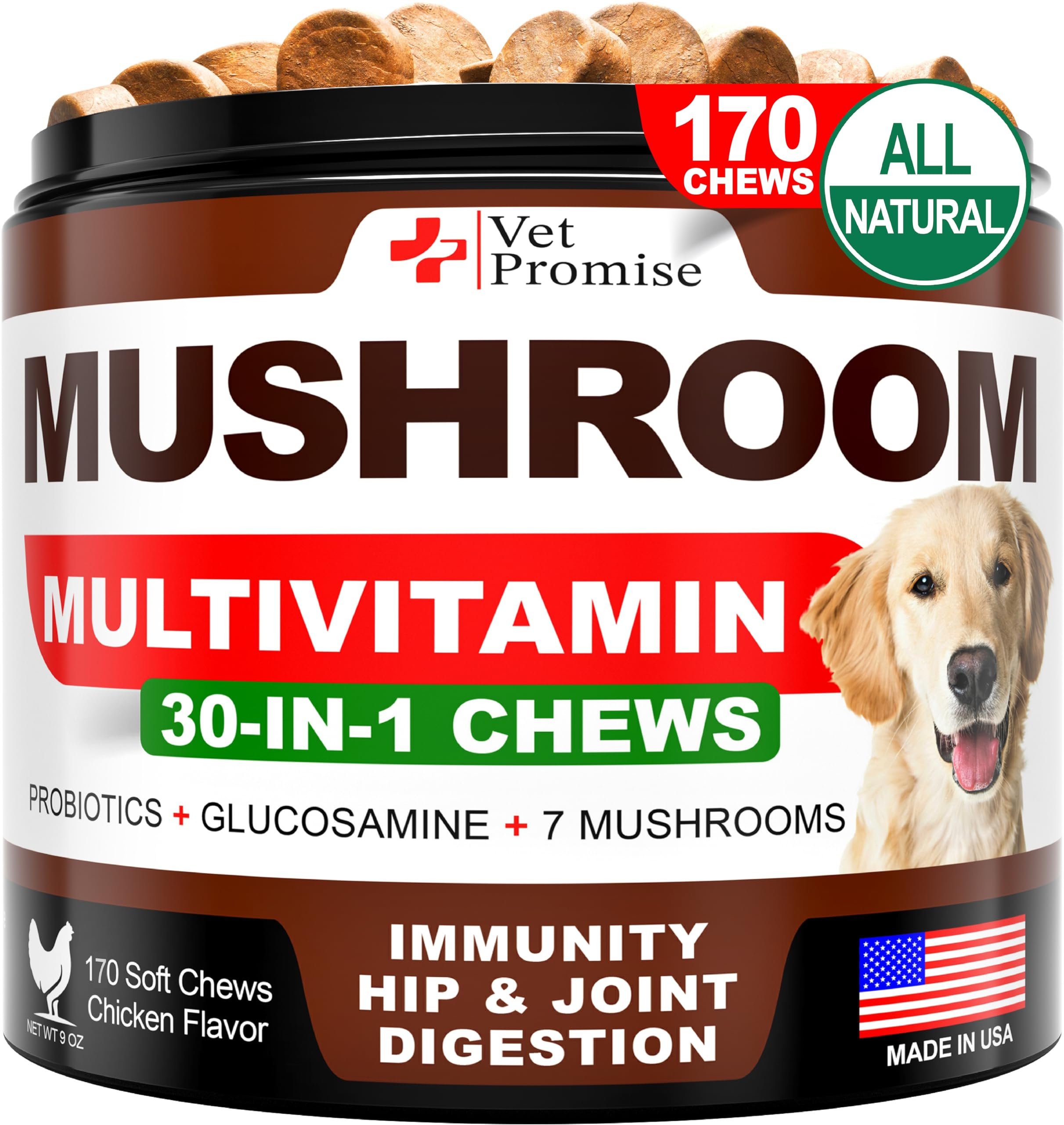 Vet Promise Turkey Tail dog chews bottle highlights immune support and joint health.