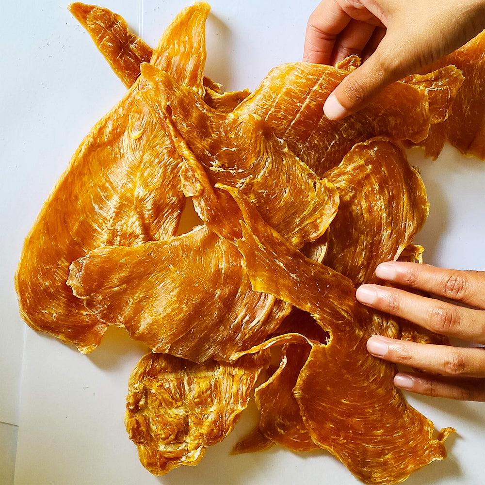 Vet Recommended chicken jerky close-up batch, single-ingredient lean protein quality