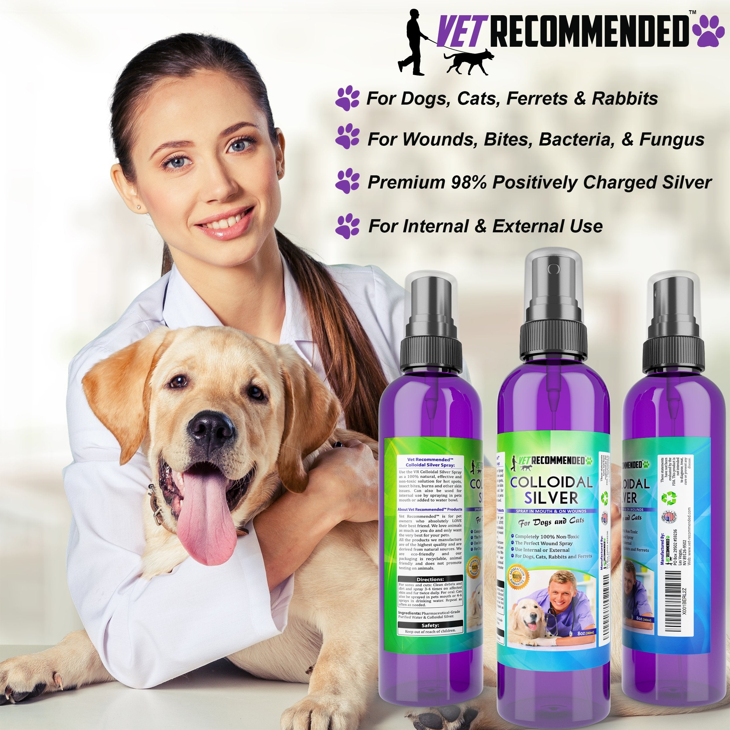 Vet Recommended colloidal silver spray applying on pet skin.