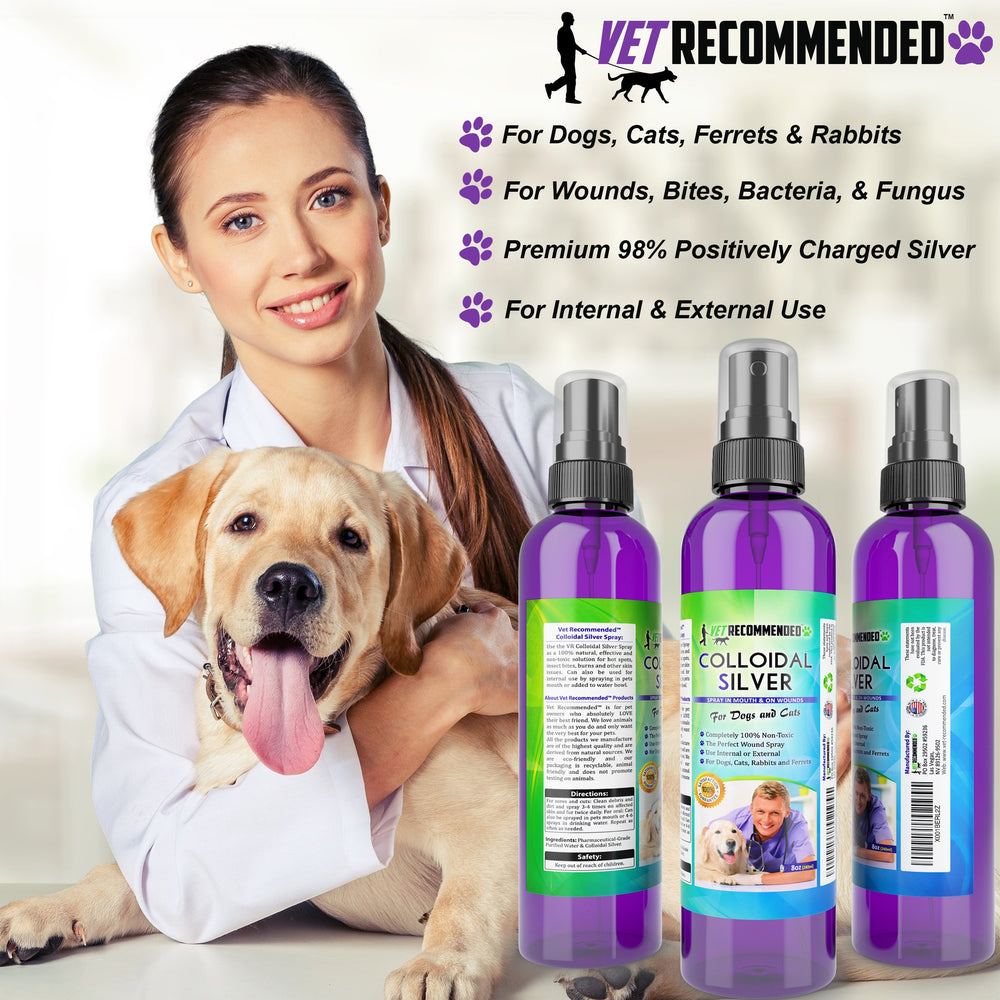 Vet Recommended colloidal silver spray applying on pet skin.