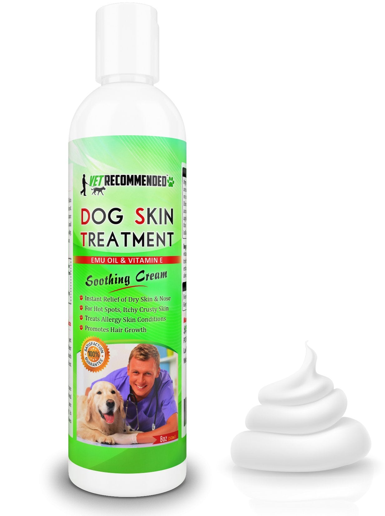 Vet Recommended dog dry skin cream bottle on counter for easy application