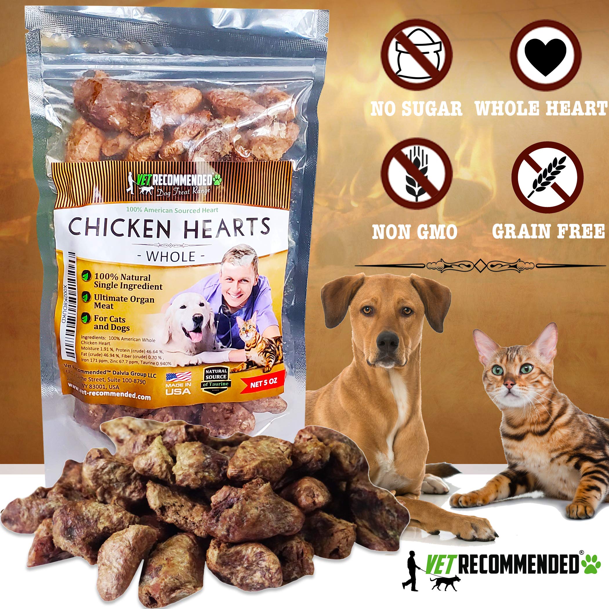 Vet Recommended human-grade label on chicken hearts for pets.