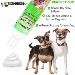 Close-up of Vitamin E and Emu Oil ingredients in Vet Recommended dog cream