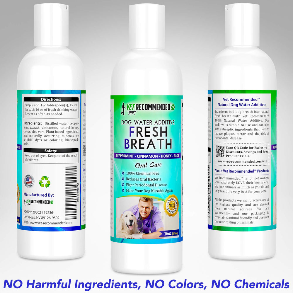 Vet Recommended natural dog breath freshness closeup hints at palatable, safe formulation.