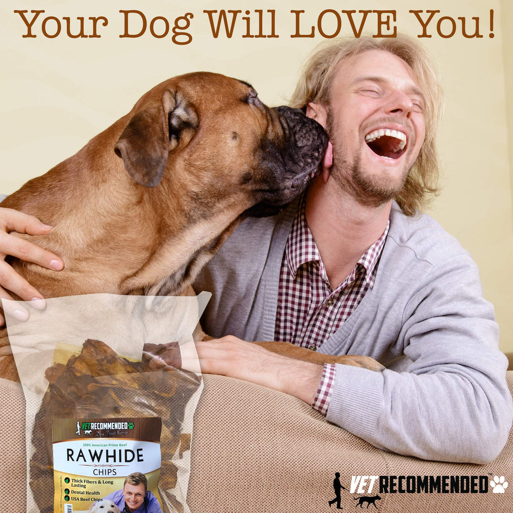 Vet Recommended Premium Beef Rawhide Chips tail-wag moment signals dog excitement during opening.